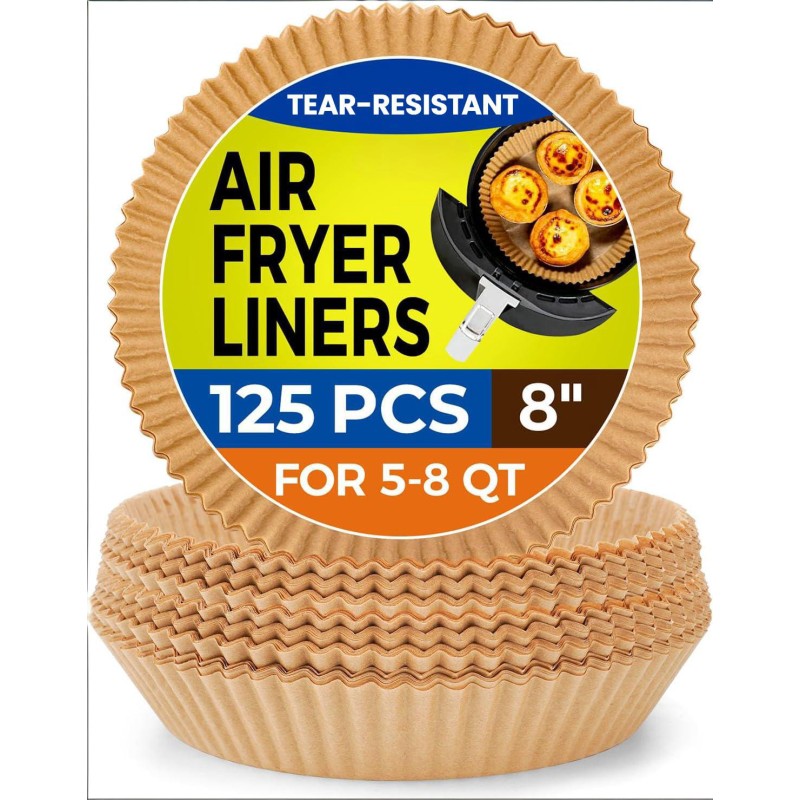 Air Fryer Paper Liners, 125Pcs Parchment Paper, Air Fryer Liners Disposable for Microwave, Non-Stick Air Fryer Liner Round Free of Bleach (8IN)