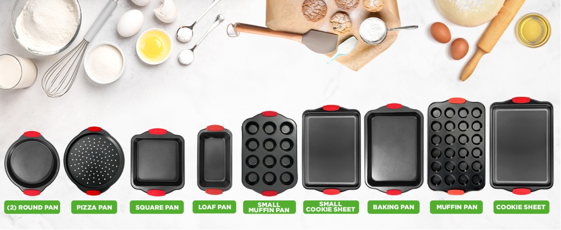 10 Piece Set,Non-Stick Kitchen Oven Baking Pans-Deluxe &amp; Stylish Nonstick Gray Coating Inside Outside, Commercial Grade Restaurant Quality Metal Bakeware with Red Silicone Handles,