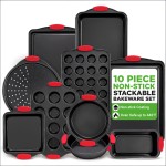 10 Piece Set,Non-Stick Kitchen Oven Baking Pans-Deluxe & Stylish Nonstick Gray Coating Inside Outside, Commercial Grade Restaurant Quality Metal Bakeware with Red Silicone Handles,