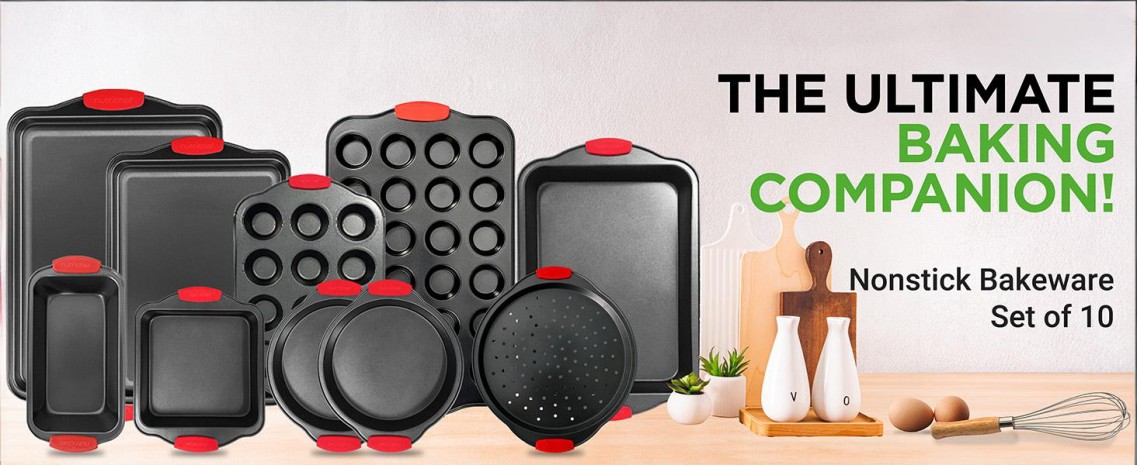 10 Piece Set,Non-Stick Kitchen Oven Baking Pans-Deluxe &amp; Stylish Nonstick Gray Coating Inside Outside, Commercial Grade Restaurant Quality Metal Bakeware with Red Silicone Handles,