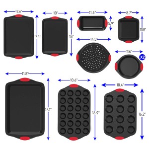 10 Piece Set,Non-Stick Kitchen Oven Baking Pans-Deluxe & Stylish Nonstick Gray Coating Inside Outside, Commercial Grade Restaurant Quality Metal Bakeware with Red Silicone Handles,