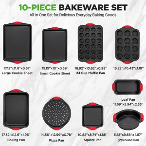 10 Piece Set,Non-Stick Kitchen Oven Baking Pans-Deluxe & Stylish Nonstick Gray Coating Inside Outside, Commercial Grade Restaurant Quality Metal Bakeware with Red Silicone Handles,