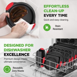 10 Piece Set,Non-Stick Kitchen Oven Baking Pans-Deluxe & Stylish Nonstick Gray Coating Inside Outside, Commercial Grade Restaurant Quality Metal Bakeware with Red Silicone Handles,