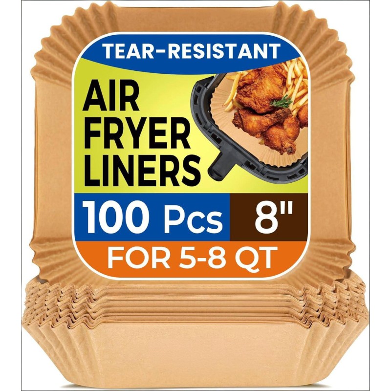 Air Fryer Paper Liners, 100Pcs Parchment Paper, Air Fryer Liners Disposable for Microwave, Non-Stick Air Fryer Liner Square Free of Bleach (8IN)