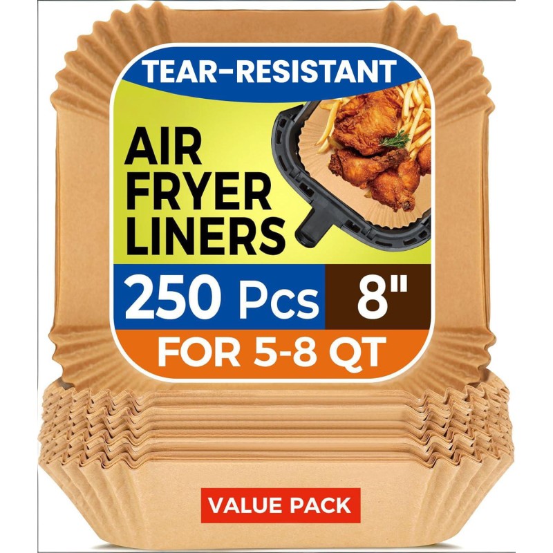 Air Fryer Paper Liners, 250Pcs Parchment Paper, Air Fryer Liners Disposable for Microwave, Non-Stick Air Fryer Liner Square Free of Bleach (8IN)