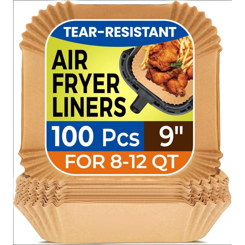 Air Fryer Paper Liners, 100Pcs Parchment Paper, Air Fryer Liners Disposable for Microwave, Non-Stick Air Fryer Liner Square Free of Bleach (9IN)