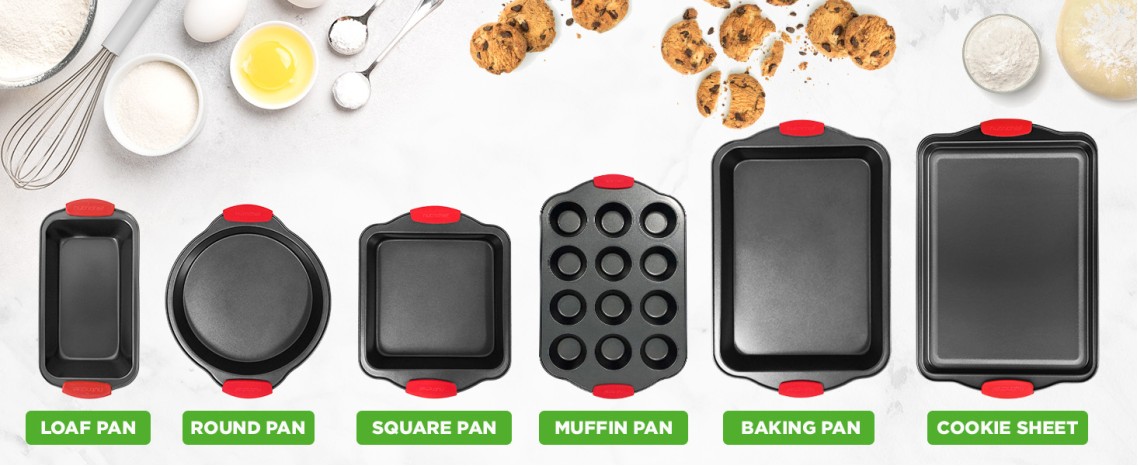 6-Piece Nonstick Kitchen Oven Baking Pans - Premium &amp; Stylish Non-Stick Carbon Steel - Commercial Grade Restaurant Quality Metal Bakeware with Silicone Handles - Easy to Clean