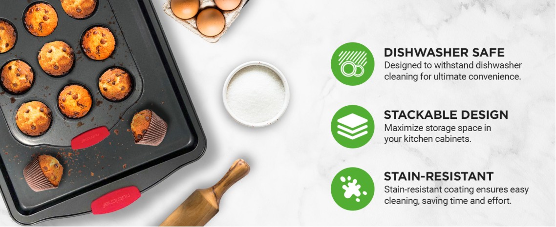 8 Piece Set,Non-Stick Kitchen Oven Baking Pans-Deluxe &amp; Stylish Nonstick Gray Coating Inside Outside, Commercial Grade Restaurant Quality Metal Bakeware with Red Silicone Handles,