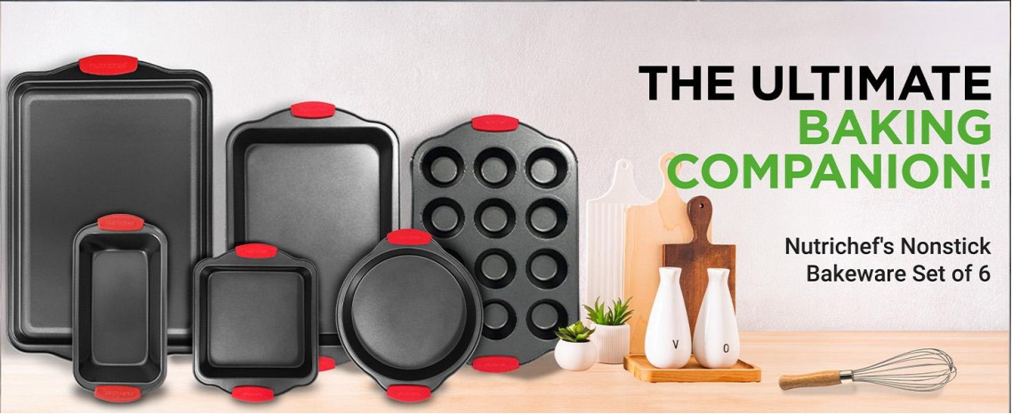 6-Piece Nonstick Kitchen Oven Baking Pans - Premium &amp; Stylish Non-Stick Carbon Steel - Commercial Grade Restaurant Quality Metal Bakeware with Silicone Handles - Easy to Clean