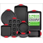 8 Piece Set,Non-Stick Kitchen Oven Baking Pans-Deluxe & Stylish Nonstick Gray Coating Inside Outside, Commercial Grade Restaurant Quality Metal Bakeware with Red Silicone Handles,