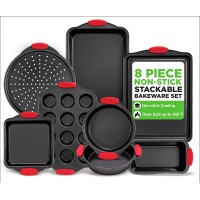 8 Piece Set,Non-Stick Kitchen Oven Baking Pans-Deluxe & Stylish Nonstick Gray Coating Inside Outside, Commercial Grade Restaurant Quality Metal Bakeware with Red Silicone Handles,