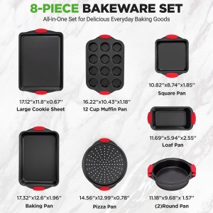 8 Piece Set,Non-Stick Kitchen Oven Baking Pans-Deluxe & Stylish Nonstick Gray Coating Inside Outside, Commercial Grade Restaurant Quality Metal Bakeware with Red Silicone Handles,