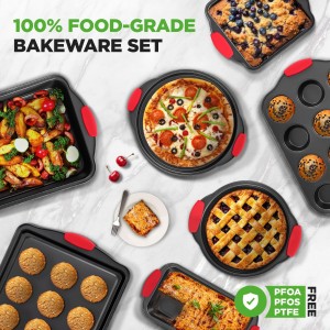 8 Piece Set,Non-Stick Kitchen Oven Baking Pans-Deluxe & Stylish Nonstick Gray Coating Inside Outside, Commercial Grade Restaurant Quality Metal Bakeware with Red Silicone Handles,