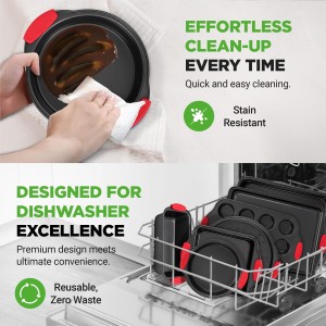 8 Piece Set,Non-Stick Kitchen Oven Baking Pans-Deluxe & Stylish Nonstick Gray Coating Inside Outside, Commercial Grade Restaurant Quality Metal Bakeware with Red Silicone Handles,