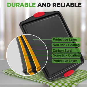 8 Piece Set,Non-Stick Kitchen Oven Baking Pans-Deluxe & Stylish Nonstick Gray Coating Inside Outside, Commercial Grade Restaurant Quality Metal Bakeware with Red Silicone Handles,