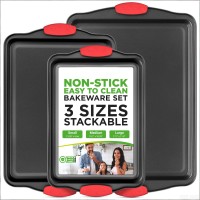 3-Piece Nonstick Kitchen Oven Baking Pans - Premium & Stylish Non-Stick Steel, Commercial Grade Restaurant Quality Metal Bakeware with Red Silicone Handles - Easy to Clean
