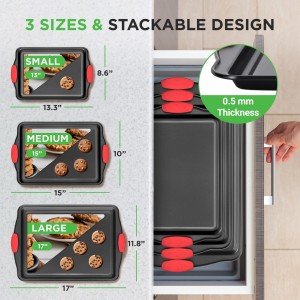 3-Piece Nonstick Kitchen Oven Baking Pans - Premium & Stylish Non-Stick Steel, Commercial Grade Restaurant Quality Metal Bakeware with Red Silicone Handles - Easy to Clean
