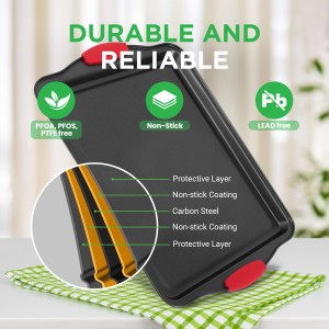 3-Piece Nonstick Kitchen Oven Baking Pans - Premium & Stylish Non-Stick Steel, Commercial Grade Restaurant Quality Metal Bakeware with Red Silicone Handles - Easy to Clean