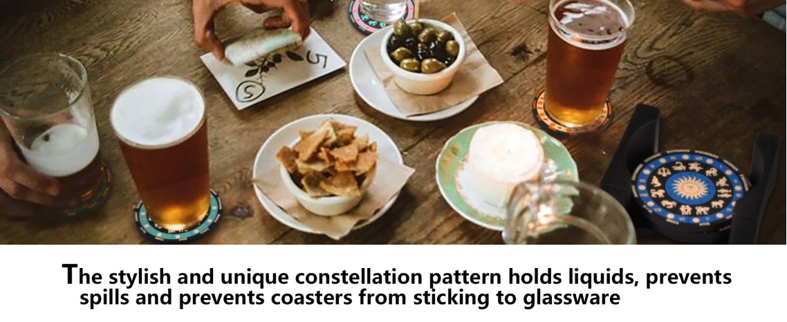 【Zodiac Design】 EDELIN Colorful Non-Slip Silicone Coasters 6-Pack with Holder - Thick and Durable Drink Coasters for Hot or Cold Beverages Cocktails and Astrology