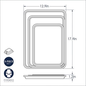3 Piece Set - USA Made Aluminum Commercial Quality Sheet Pan for Baking or Roasting, Encapsulated Galvanized Steel Rim Prevents Warping; Half Sheet, Jelly Roll and Quarter Sheet