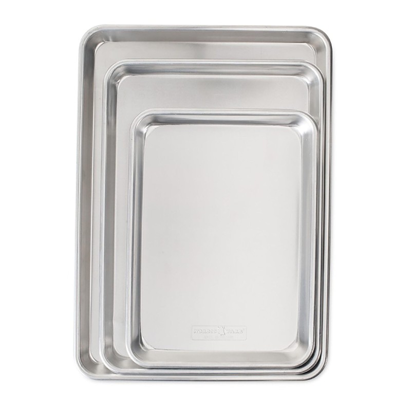 3 Piece Set - USA Made Aluminum Commercial Quality Sheet Pan for Baking or Roasting, Encapsulated Galvanized Steel Rim Prevents Warping; Half Sheet, Jelly Roll and Quarter Sheet