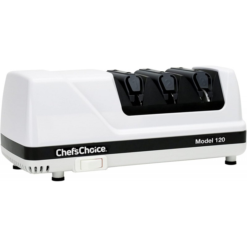 Chef'sChoice Professional Electric Knife Sharpeners With 100-Percent Diamond Abrasives And Precision Angle Guides For 20-Degree Straight-Edge and Serrated Knives, 3-Stage, White