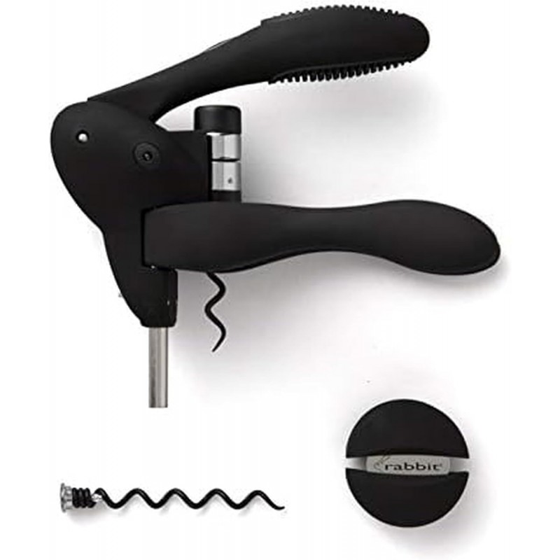 Rabbit W6004N Original Lever Corkscrew Wine Opener with Foil Cutter and Extra Spiral, Black Finish, Smooth Lever Action for Effortless Cork Removal