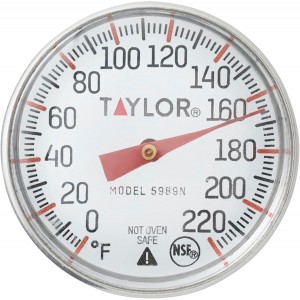 Taylor Instant Read Analog Meat Food Grill BBQ Cooking Kitchen Thermometer with Red Pocket Sleeve for Calibration, 1 inch dial, Stainless Steel