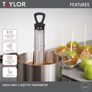 Taylor Stainless Steel Candy and Deep Fry Thermometer, 12-Inch Analog Paddle with Pan Clip, Ideal for Frying, Sugar, Brewing, Syrup, and More