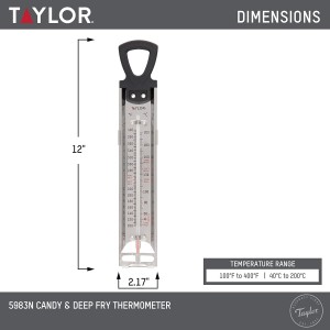 Taylor Stainless Steel Candy and Deep Fry Thermometer, 12-Inch Analog Paddle with Pan Clip, Ideal for Frying, Sugar, Brewing, Syrup, and More