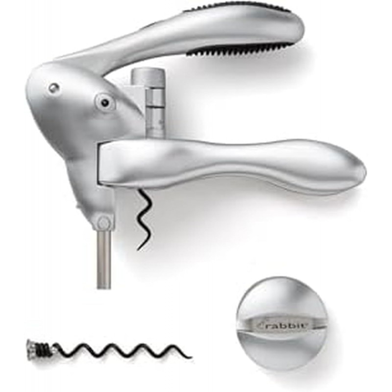 Rabbit Original Lever Corkscrew Wine Opener with Foil Cutter and Extra Spiral (Silver)