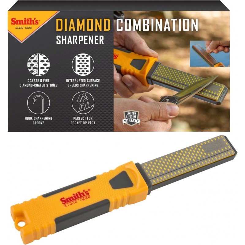 Smith's DCS4 4” Diamond Combination Sharpener - Double Sided Stone - Outdoor Field Knife Sharpener - Fish Hook & Pointed Tools Micro Sharpener - Lightweight, Compact, Handheld
