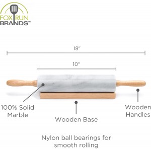 Fox Run Polished Marble Rolling Pin with Wooden Cradle, 10-Inch Barrel, White
