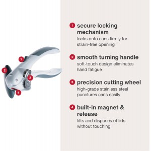 Zyliss Lock N' Lift Can Opener with Lid Lifter Magnet - Manual Opener with Locking Mechanism - Easy-to-Turn - Magnetic Can Opener - White/Gray