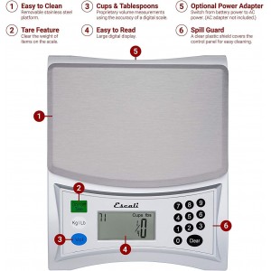 Escali Pana V136 Large Volume Measuring Kitchen/Baking/Cooking Scale, Preprogrammed With Over 150 Ingredients, LCD Digital Display, 13lb Capacity