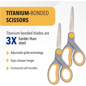 Westcott 8” Titanium Bonded Scissors with Adjustable Glide and Soft Handle, 2-Pack- Durable Multipurpose Scissors for Office, Home, and School Use, Sharp Precision Blades for Everyday Cutting