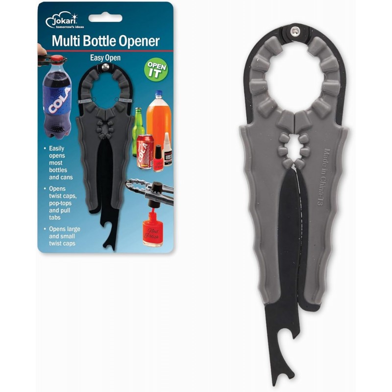 Jokari Multi Bottle Opener for Jars Bottles and Cans 3 in 1 Easy Grip Lid Opener for Weak Hands Twist Caps Pull Tabs Pop Tops and Small Lids Arthritis Aid Manual Kitchen Tool Black