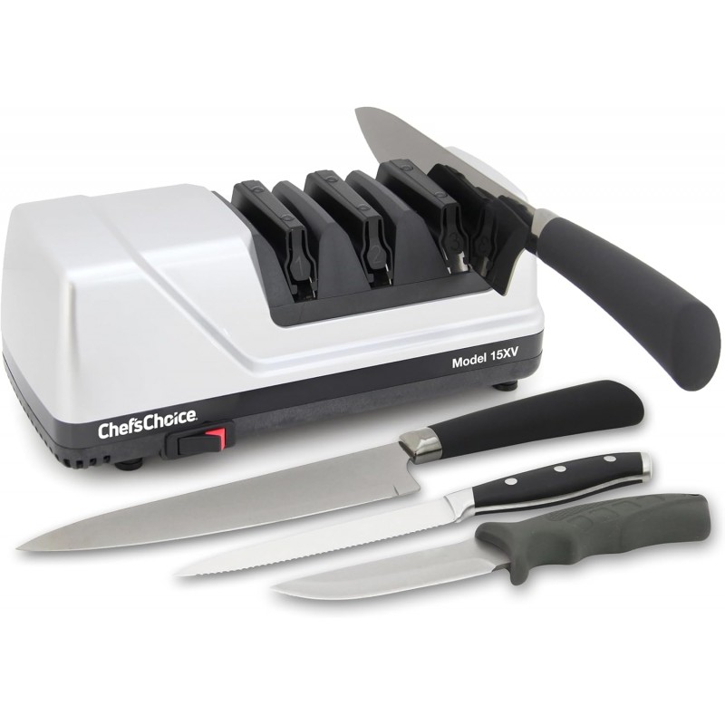 Chef’sChoice 15XV EdgeSelect Professional Electric Knife Sharpener with 100-Percent Diamond Abrasives and Precision Angle Guides for Straight Edge and Serrated Knives, 3-Stage, Gray