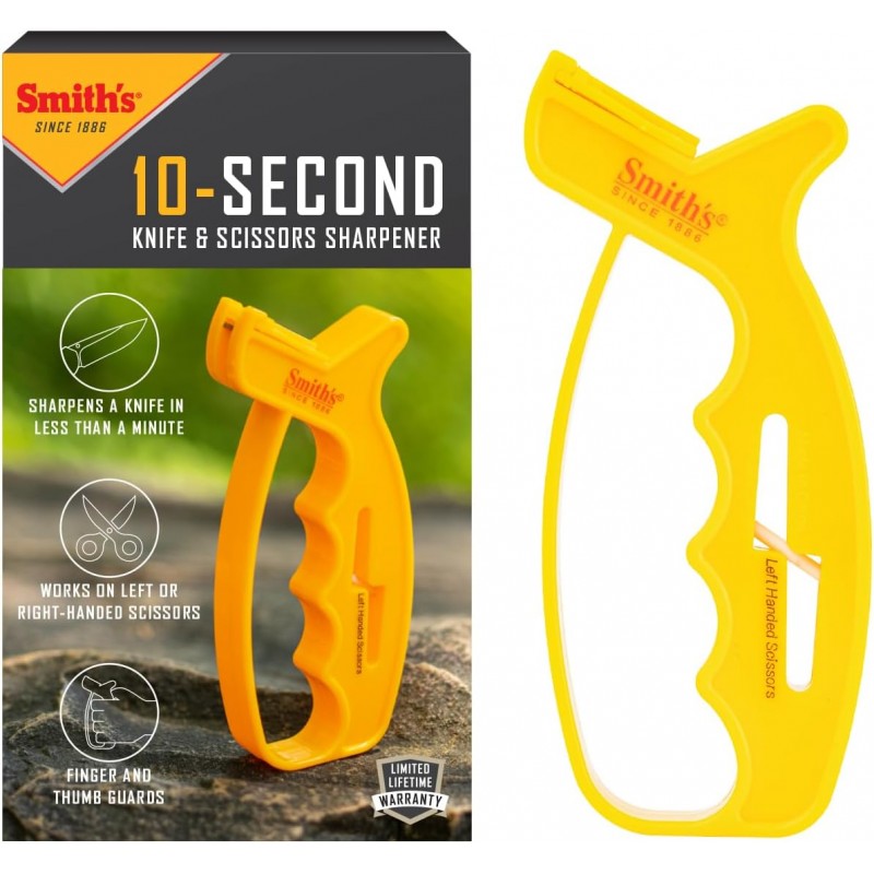 Smith’s JIFF-S 10-Sec Knife & Scissors Sharpener - Right & Left-Handed Scissors - Carbide Blades - Outdoor Sharpener for Pocket, Hunting, Fishing & Kitchen Knives - Handheld Pullover Sharpener