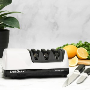 Chef’s Choice Professional Electric Knife Sharpeners for 15- and 20-Degree Straight-Edge and Serrated Knives with Diamond Abrasives & Precision Angle Control, 3-Stage, White