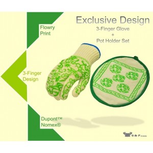 G & F 1688 Dupont Nomex & Kevlar Heat Resistant Oven Gloves, 3-Finger Oven Gloves & Pot Holder Set