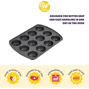 Wilton Gold Non-Stick 12 -Cup Muffin Pan, Cold-Rolled Steel Bakeware, Made without PFAS, 10.5 x 15 x 1.4 in, Packaging May Vary