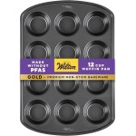 Wilton Gold Non-Stick 12 -Cup Muffin Pan, Cold-Rolled Steel Bakeware, Made without PFAS, 10.5 x 15 x 1.4 in, Packaging May Vary