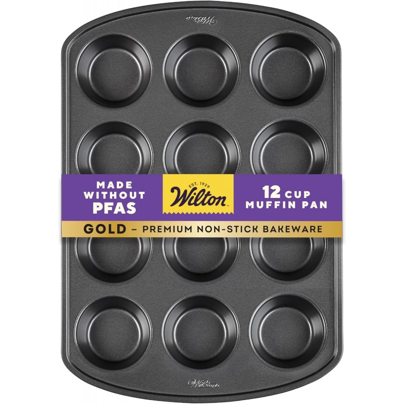 Wilton Gold Non-Stick 12 -Cup Muffin Pan, Cold-Rolled Steel Bakeware, Made without PFAS, 10.5 x 15 x 1.4 in, Packaging May Vary
