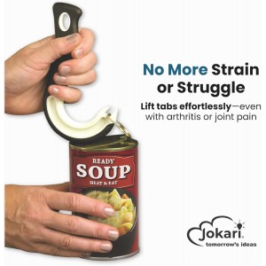 Jokari Ring Pull Can Opener for Soda and Food Cans Arthritis Aid with Non Slip Grip for Seniors Kids and Nail Protection Manual Pull Tab Tool for Easy Open Cans Black Dishwasher Safe