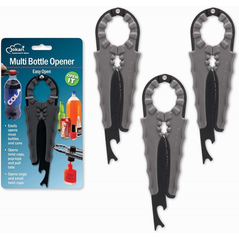 Jokari 3-Pack Multi Bottle Opener – Jar Lid Opener, Can Tab Lifter, Twist Cap Gripper – Ergonomic Kitchen Tool for Weak Hands or Arthritis – Opens Soda, Beer, Nail Polish, and More