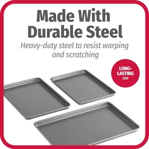GoodCook Everyday Nonstick Baking Sheet Set, 3 Pack Includes One Small, Medium & Large Pan Carbon Steel Construction Cookie Sheet Bakeware Set, Gray