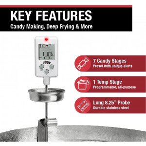 CDN Digital Thermometer Long 8'' Stainless Steel Stem, Adjustable Pot Clip, Preset Candy Stages with Audio/Visual Alerts, Instant Read For Cooking, Deep Frying & Oil - DTC450