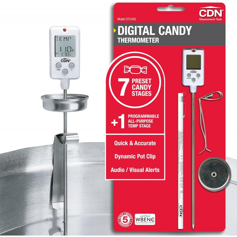 CDN Digital Thermometer Long 8'' Stainless Steel Stem, Adjustable Pot Clip, Preset Candy Stages with Audio/Visual Alerts, Instant Read For Cooking, Deep Frying & Oil - DTC450