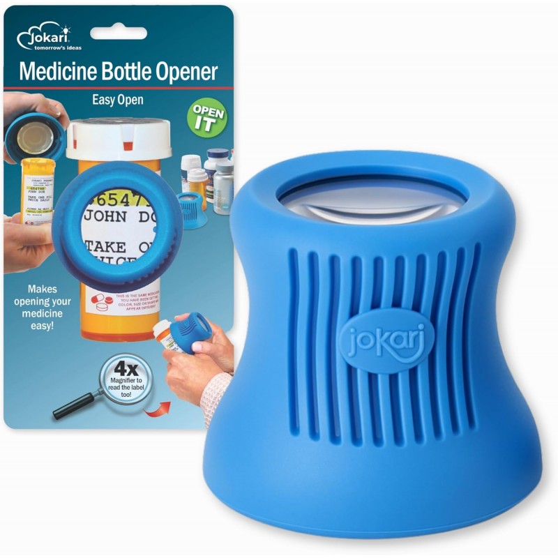 Jokari Easy Open Medicine Bottle Opener with 4x Magnifier for Seniors and Arthritis Built-in Cap Grip Tool for Pill Bottles Prescription Labels Vitamins and Supplements